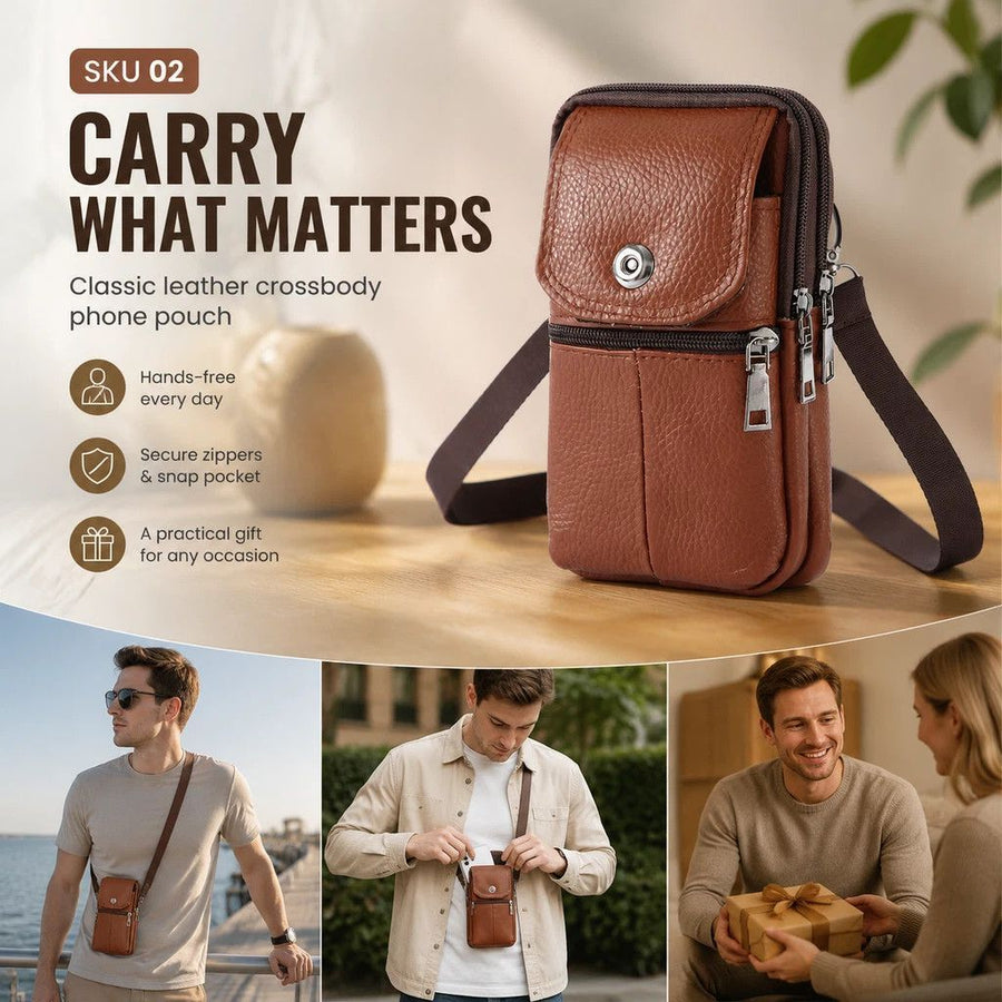 Timeless Leather Belt Mount Phone Holder, Daily Work Crossbody Carry Bag For Fathers, Light Tan
