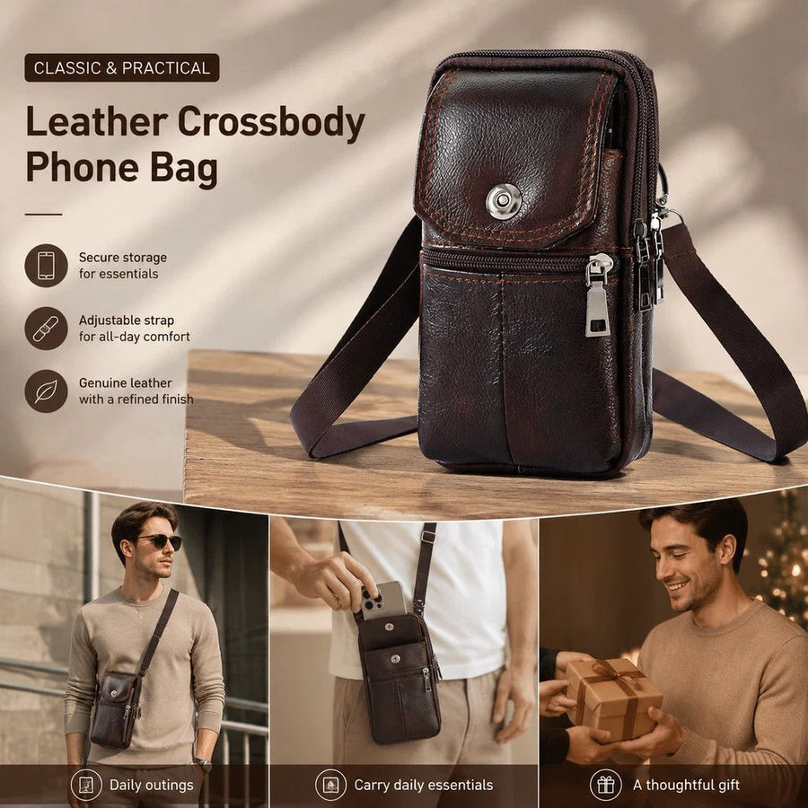 Premium Leather Waist Phone Bag, Versatile Office Casual Cross Shoulder Satchel For Men, Coffee Brown