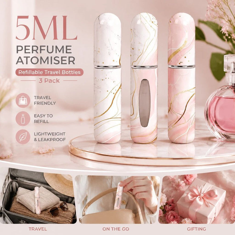 Premium Marble Print 5ml Refillable Perfume Atomiser, Bottom Filling Travel Sized Scent Bottles 3 Pack, Plain White