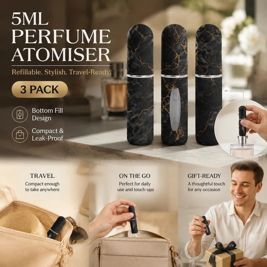 Luxe Patterned 5ml Portable Perfume Vial, Bottom Fill Mini Travel Fragrance Container 3 Pack, Solid Black