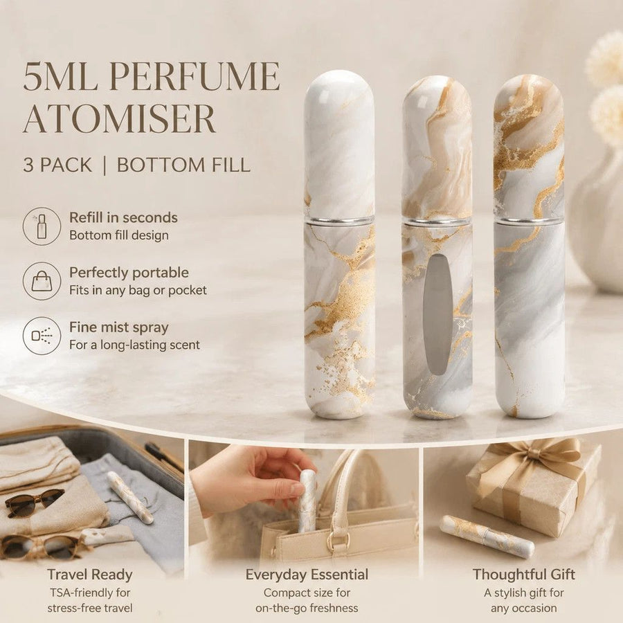 Elegant Marble Texture 5ml Travel Perfume Atomiser, Easy Refill Bottom Loading Scent Bottle 3 Pack, Grey