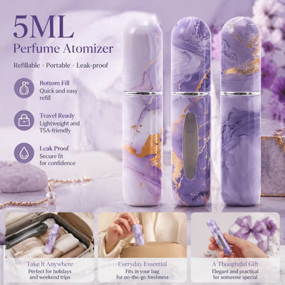 Chic Printed 5ml Mini Perfume Bottle, Bottom Fill Compact Holiday Fragrance Vessel 3 Pack, Purple