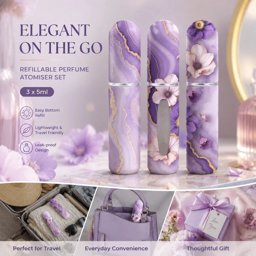 Stylish Floral Print 5ml Refillable Perfume Atomiser, Bottom Filling Travel Scent Bottles 3 Pack, Purple Floral