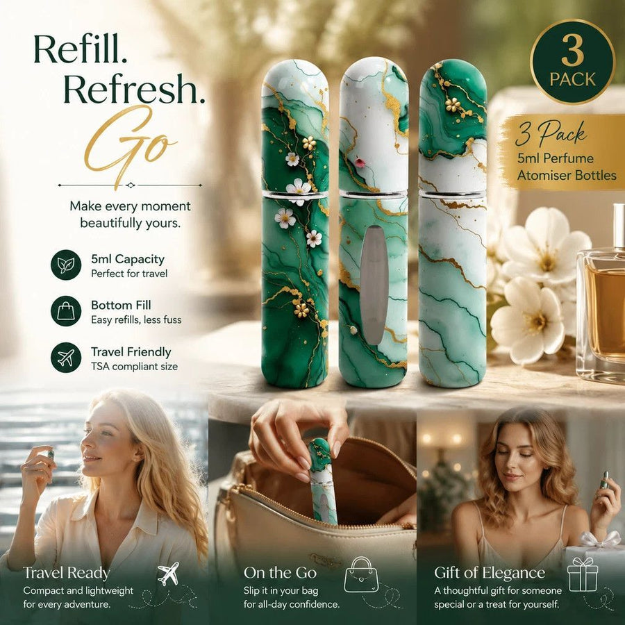 Fresh Floral Printed 5ml Travel Perfume Bottle, Easy Bottom Refill Pocket Scent Atomiser 3 Pack, Green Floral