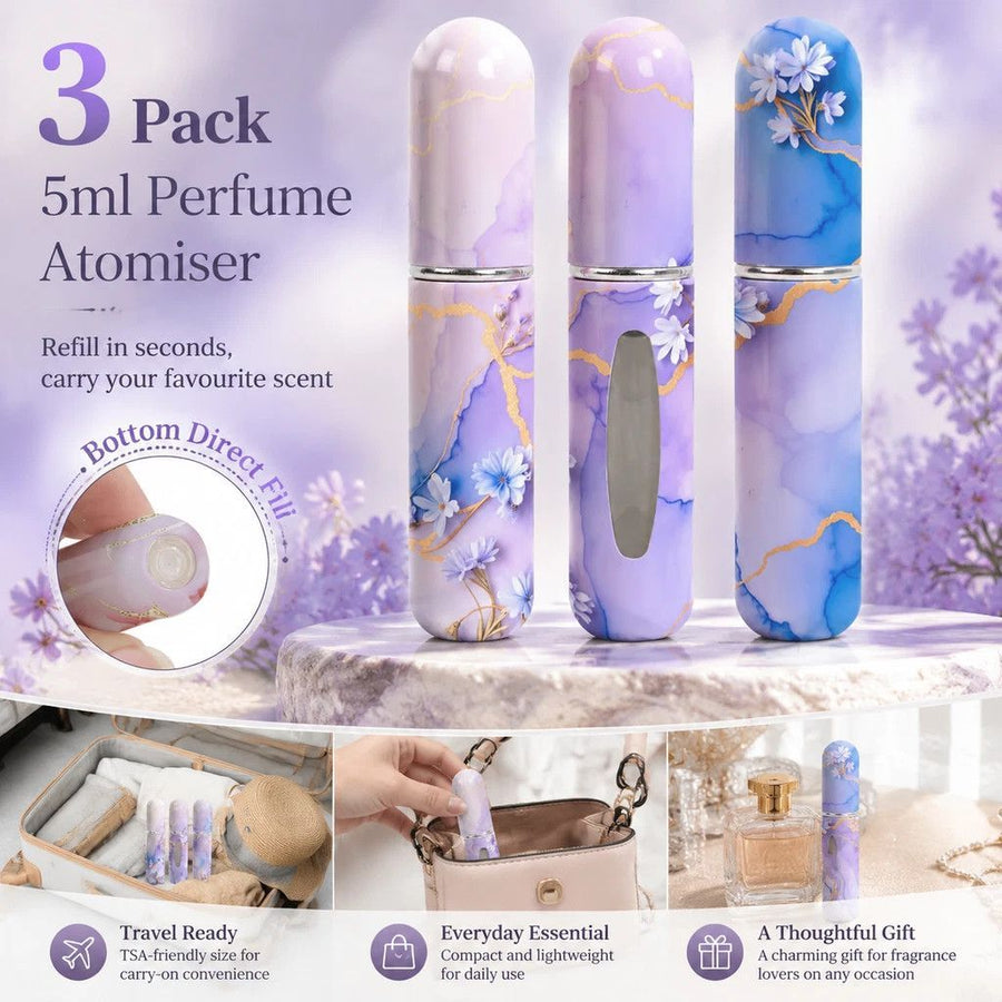 Bright Sky Floral 5ml Portable Scent Atomiser, Bottom Loading Holiday Perfume Container 3 Pack, Sky Blue Floral