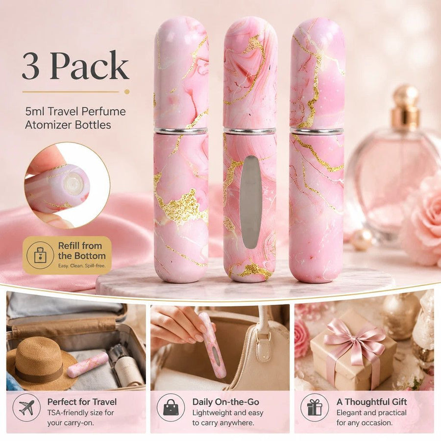 Soft Solid Tone 5ml Travel Perfume Vial, Bottom Refill Pocket Sized Fragrance Bottle 3 Pack, Pink