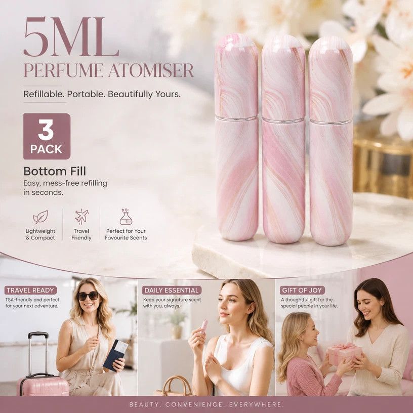 Lustre Glow Finish 5ml Travel Perfume Atomiser, Bottom Filling Pocket Mini Scent Container 3 Pack, Shimmer Pink