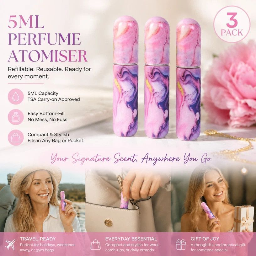 Shimmer Metallic Tone 5ml Refillable Mini Fragrance Vial, Bottom Fill Compact Holiday Perfume Bottle 3 Pack, Shimmer Purple