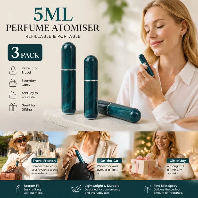 Glossy Glaze Shade 5ml Portable Scent Bottle, Bottom Loading Easy Refill Travel Atomiser 3 Pack, Shimmer Green