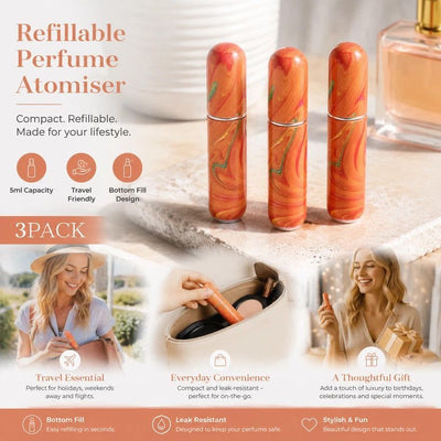 Warm Radiant Hue 5ml Mini Refillable Perfume Bottle, Bottom Fill Compact Holiday Scent Atomiser 3 Pack, Shimmer Orange