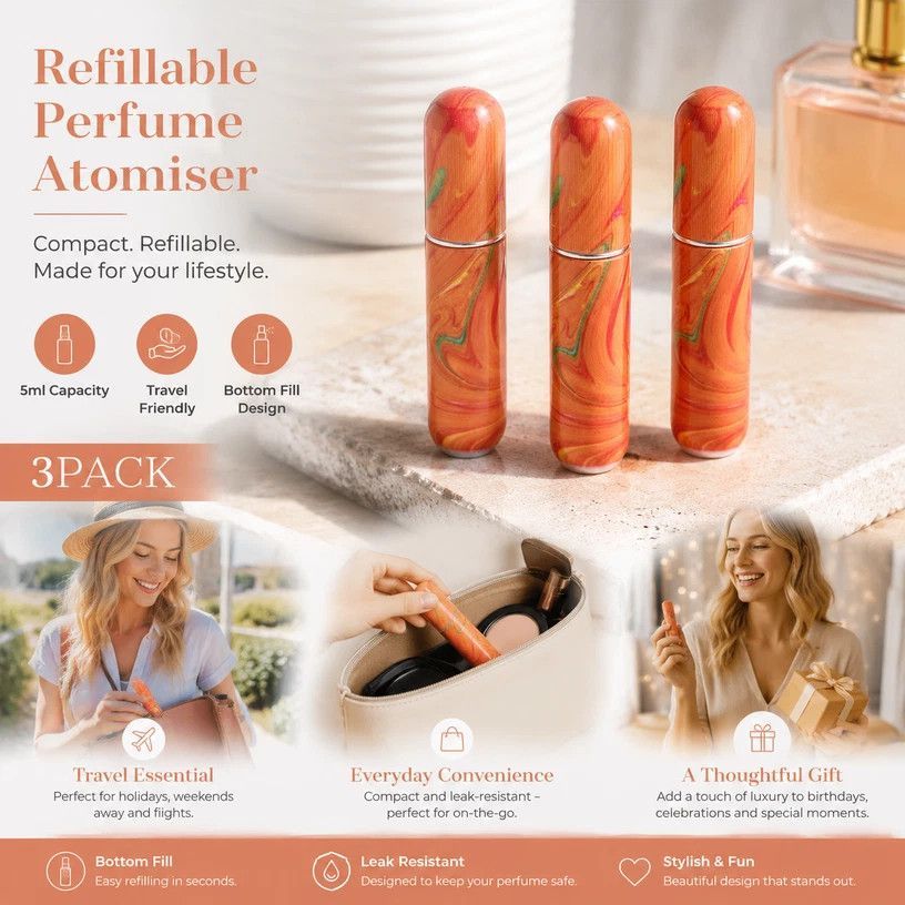 Warm Radiant Hue 5ml Mini Refillable Perfume Bottle, Bottom Fill Compact Holiday Scent Atomiser 3 Pack, Shimmer Orange