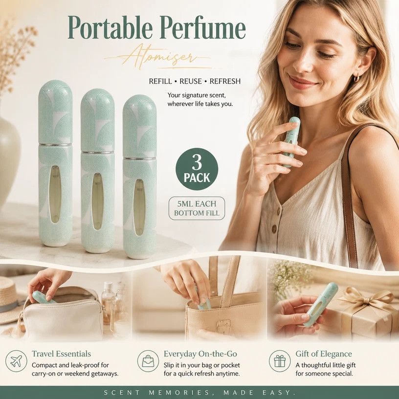 Modern Geometric Print 5ml Refillable Travel Perfume Atomiser, Bottom Filling Pocket Fragrance Vessel 3 Pack, Geometric Green