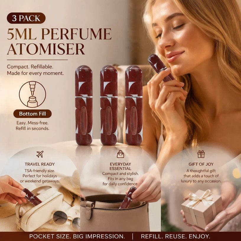 Earth Geometric Pattern 5ml Portable Mini Scent Bottle, Bottom Load Easy Refill Travel Perfume Vial 3 Pack, Geometric Brown