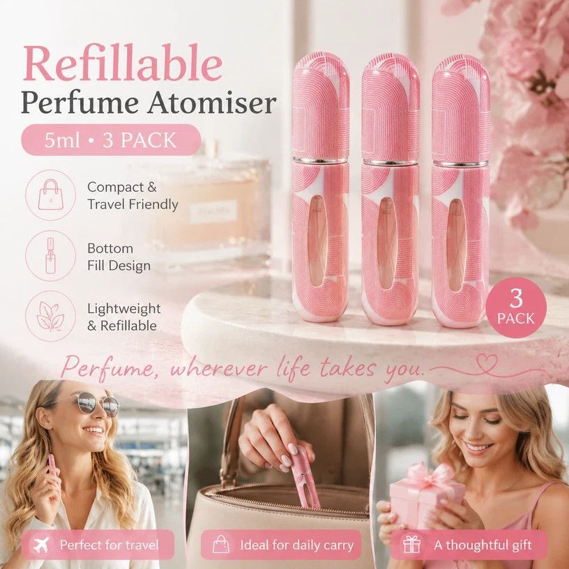 Deep Tone Geometric Print 5ml Travel Fragrance Atomiser, Bottom Refill Compact Pocket Perfume Container 3 Pack, Dark Pink Geometric