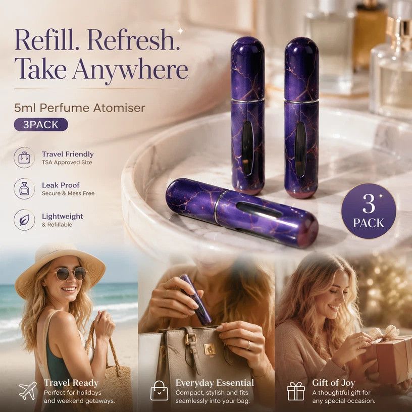 Classic Marble Print 5ml Bottom Fill Perfume Atomiser, Portable Travel Mini Fragrance Container 3 Pack, Marble Purple
