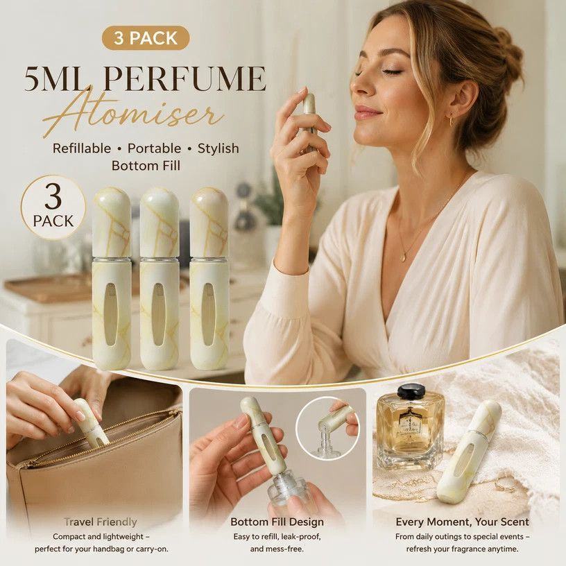 Cream Marble Texture 5ml Refillable Travel Scent Bottle, Bottom Loading Pocket Perfume Vial 3 Pack, Marble Beige