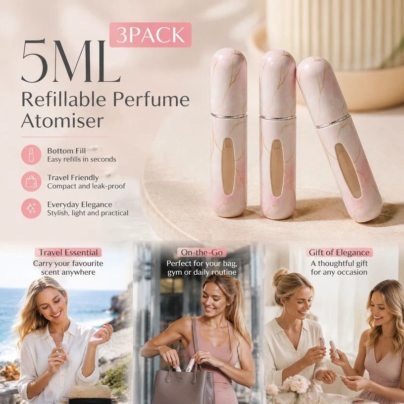 Blush Marble Print 5ml Portable Mini Perfume Atomiser, Easy Bottom Refill Holiday Fragrance Vessel 3 Pack, Marble Pink
