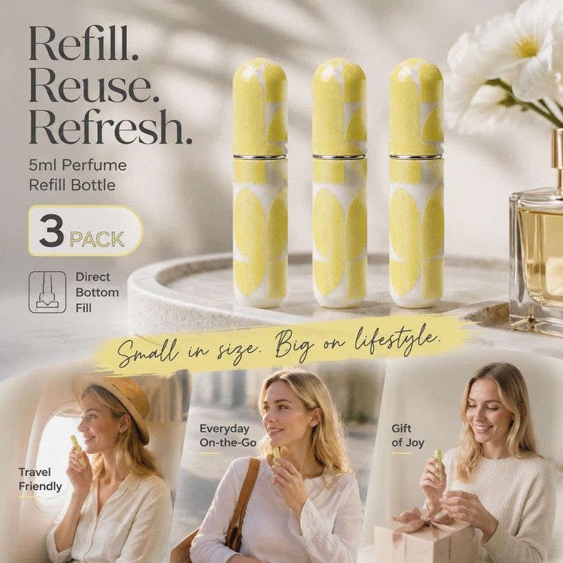 Sunny Geometric Print 5ml Bottom Load Perfume Bottle, Portable Holiday Mini Fragrance Atomiser 3 Pack, Geometric Yellow