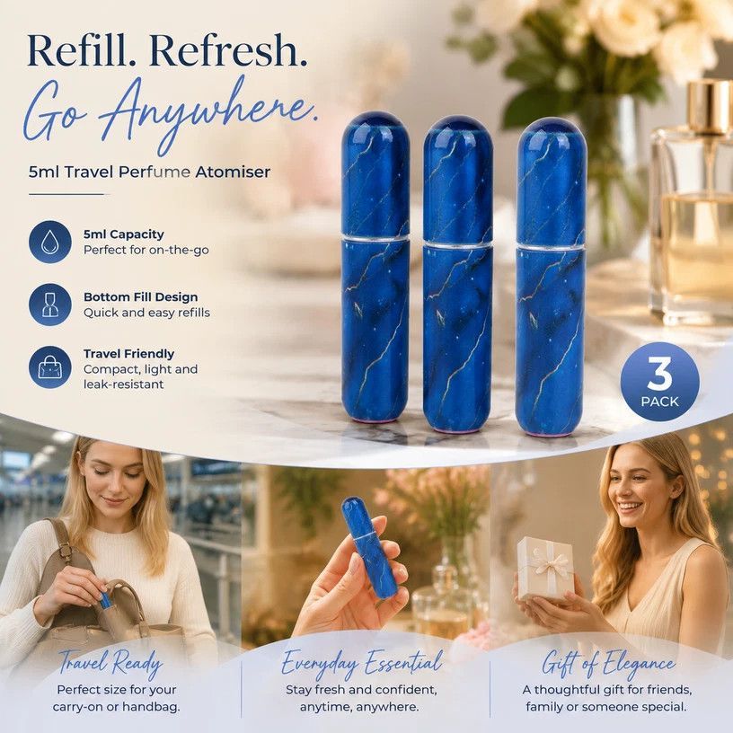 Dark Navy Marble Pattern 5ml Refillable Travel Scent Atomiser, Bottom Filling Pocket Fragrance Vial 3 Pack, Marble Dark Blue