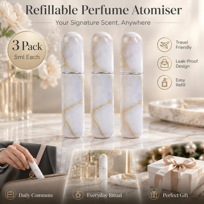 Clean White Marble Texture 5ml Portable Mini Fragrance Bottle, Bottom Refill Compact Holiday Perfume Container 3 Pack, Marble White