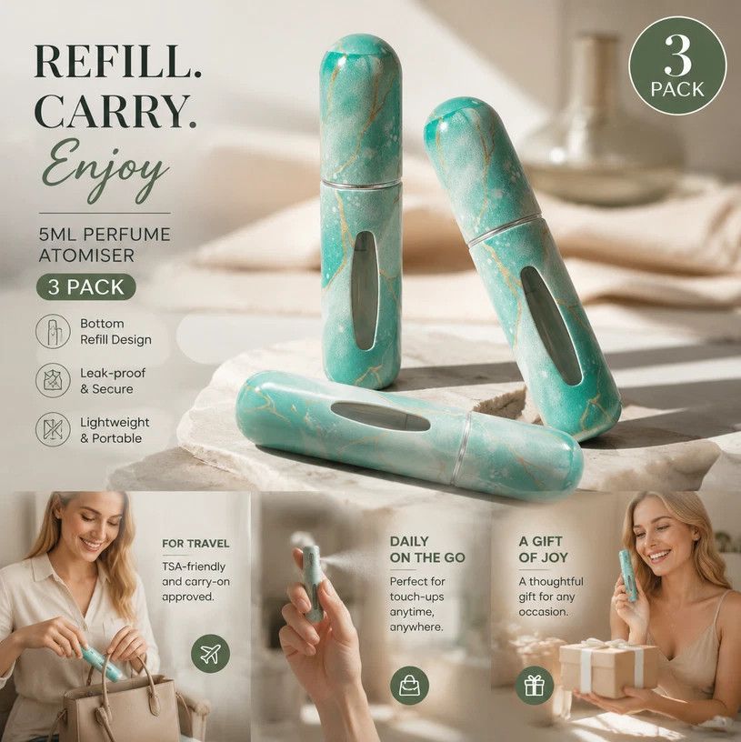 Celadon Marble Print 5ml Travel Perfume Vial, Bottom Loading Easy Refill Pocket Scent Atomiser 3 Pack, Celadon Marble