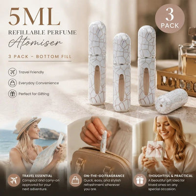 Soft Crackle Finish 5ml Refillable Mini Perfume Bottle, Bottom Fill Portable Travel Fragrance Vessel 3 Pack, Cream Crackle