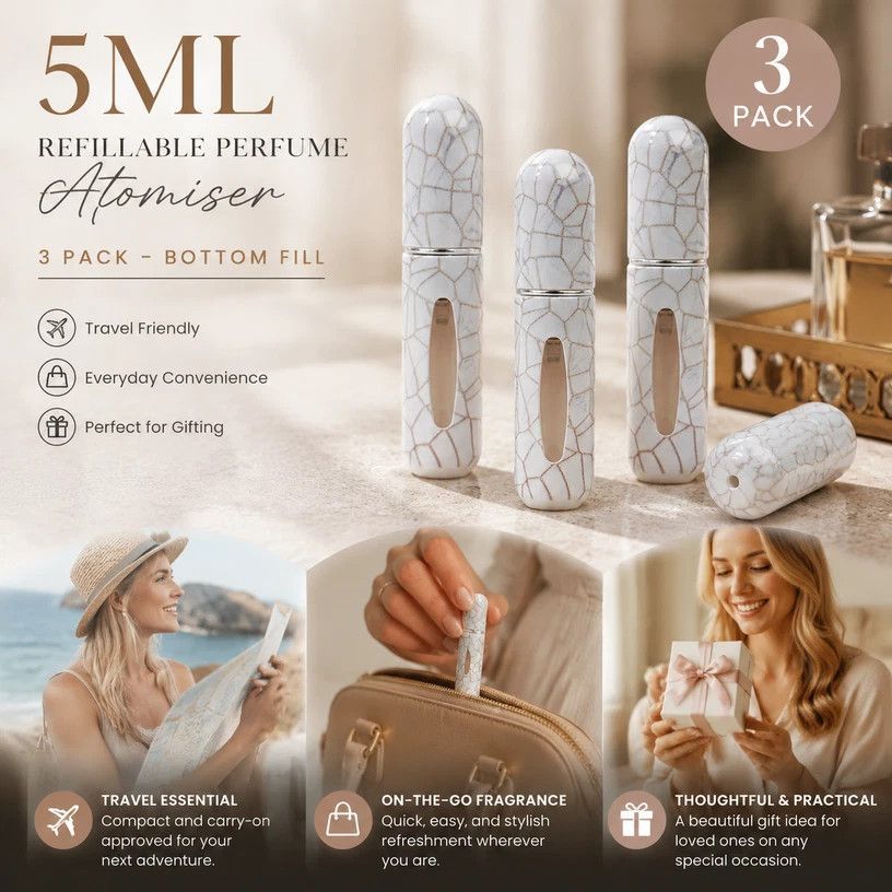 Soft Crackle Finish 5ml Refillable Mini Perfume Bottle, Bottom Fill Portable Travel Fragrance Vessel 3 Pack, Cream Crackle
