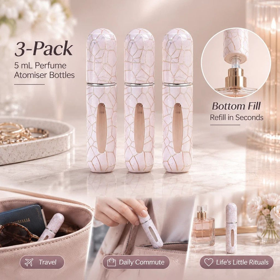 Muted Blush Crackle 5ml Travel Scent Atomiser, Bottom Refill Pocket Sized Perfume Container 3 Pack, Soft Pink Crackle