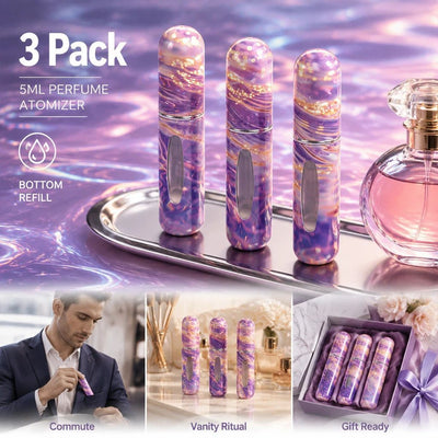 Shimmer Iridescent Tone 5ml Refillable Travel Perfume Atomiser, Bottom Filling Compact Pocket Scent Vessel 3 Pack, Iridescent Purple