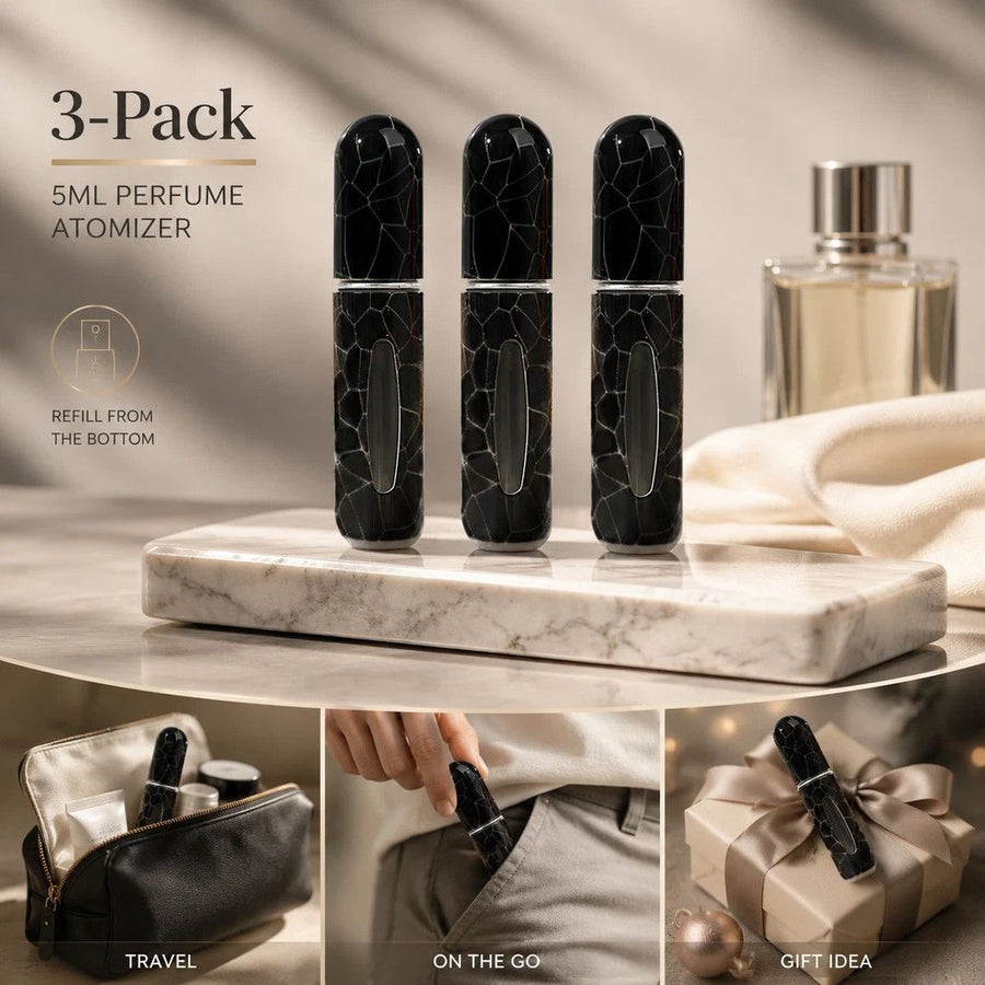 Matte Dark Crackle 5ml Mini Portable Scent Bottle, Bottom Refill Holiday Fragrance Container 3 Pack, Solid Black Crackle