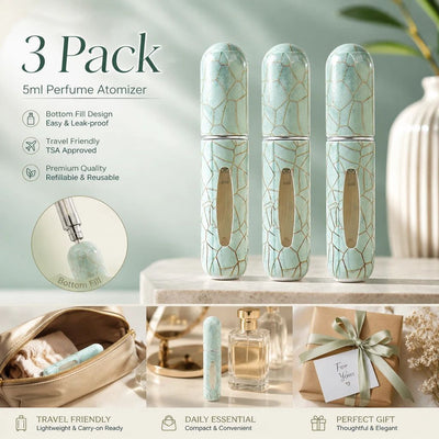 Fresh Mint Crackle Print 5ml Travel Refillable Perfume Vial, Bottom Fill Pocket Mini Fragrance Atomiser 3 Pack, Mint Green Crackle