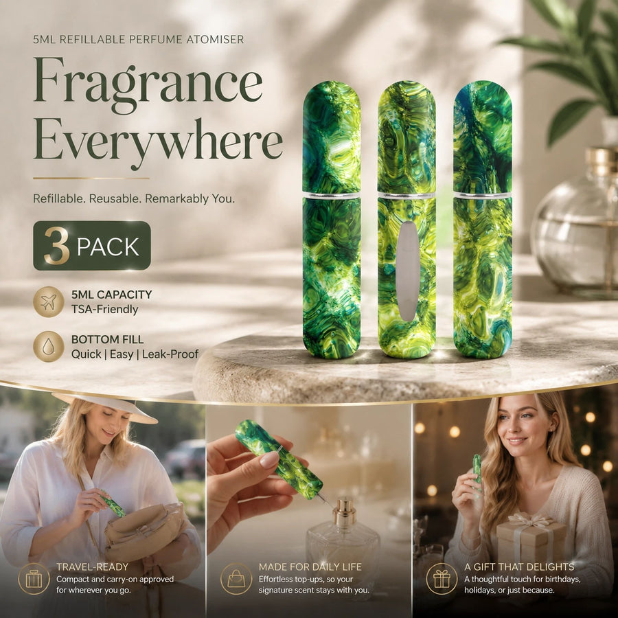 Bright Iridescent Green 5ml Bottom Load Scent Atomiser, Portable Holiday Mini Perfume Container 3 Pack, Iridescent Green