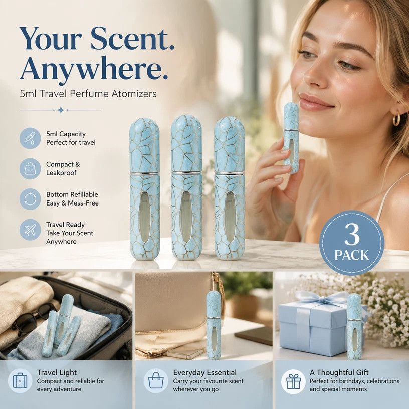 Pale Blue Crackle Texture 5ml Refillable Travel Fragrance Bottle, Bottom Loading Easy Pocket Refill Vial 3 Pack, Light Blue Crackle