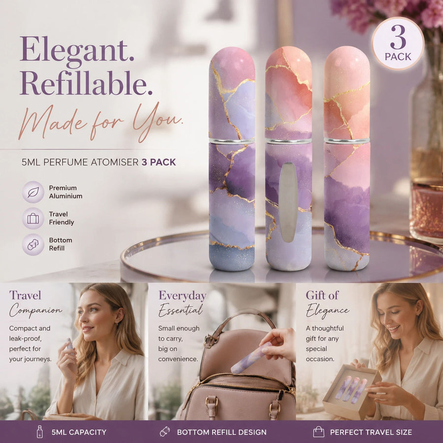 Calm Lavender Shade 5ml Refillable Travel Scent Vial, Bottom Load Easy Refill Mini Perfume Bottle 3 Pack, Lavender