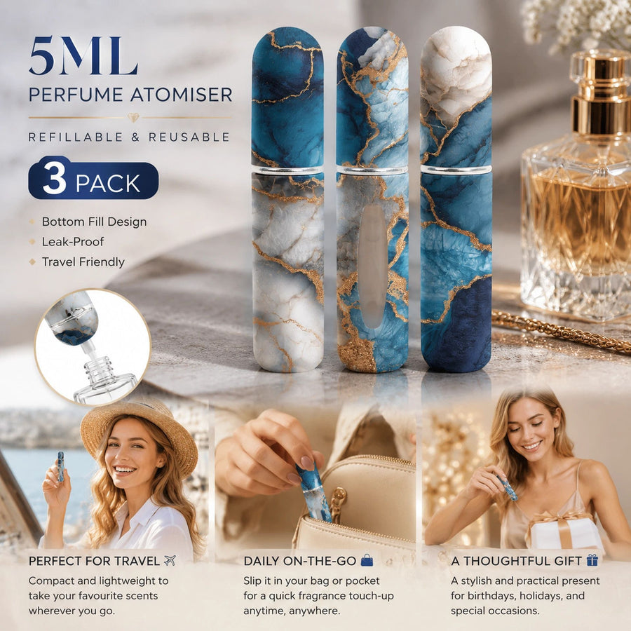 Rich Deep Ocean Tone 5ml Travel Refillable Scent Atomiser, Bottom Fill Pocket Mini Perfume Bottle 3 Pack, Deep Sea Blue