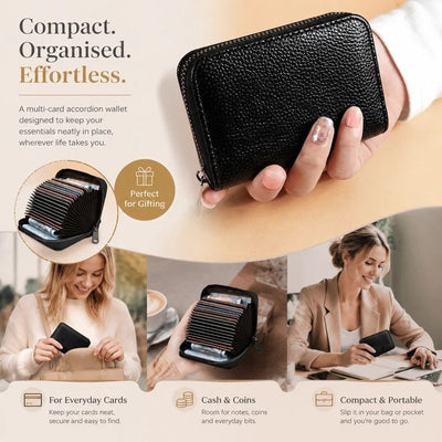 Spacious Accordion Card Holder With Multiple Slots, Compact Multi-Function Wallet For Cards Licence & Coins, Ideal Gift Choice, Litchi Grain Black, 18 Card Slots & 2 Coin Pockets