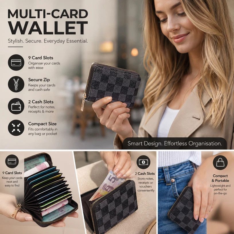 Large Capacity Grid Pattern Card Purse, Portable Casual ID Driver Licence Sleeve For Men Women, Thoughtful Present For Daily Use, Grey Grid, 9 Card Slots & 2 Coin Pockets