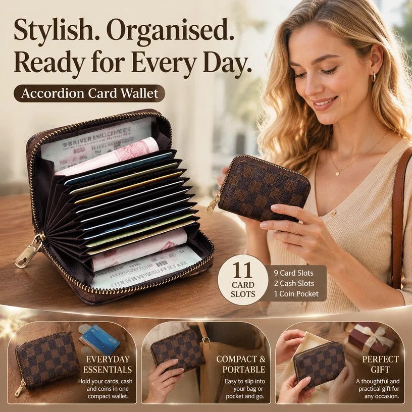 Practical Multi-Slot Organiser Wallet, Slim Lightweight Coin & Document Holder, Perfect Gift For Family Friends, Brown Grid, 9 Card Slots & 2 Coin Pockets
