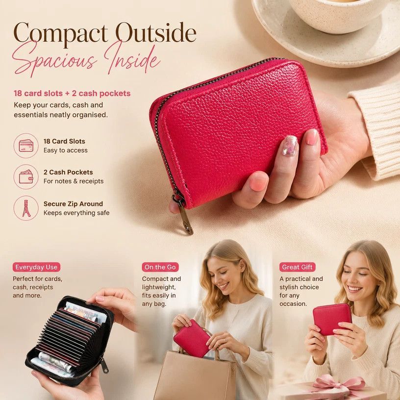Roomy Litchi Texture Accordion Card Case, Versatile Small Pocket Wallet For Licence Cash Cards, Great Gift Option, Rose Red Litchi Grain, 18 Card Slots & 2 Coin Pockets