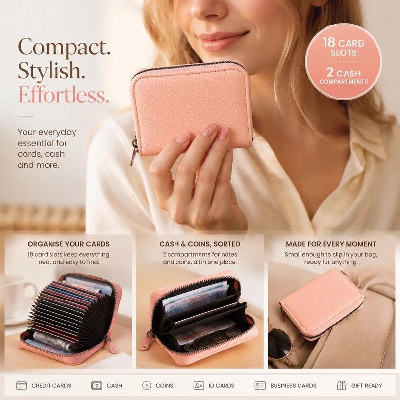 Generous Capacity Multi-Slot Card Wallet, Unisex Compact ID & Coin Holder For Casual Outings, Lovely Daily Gift, Pink Litchi Grain, 18 Card Slots & 2 Coin Pockets