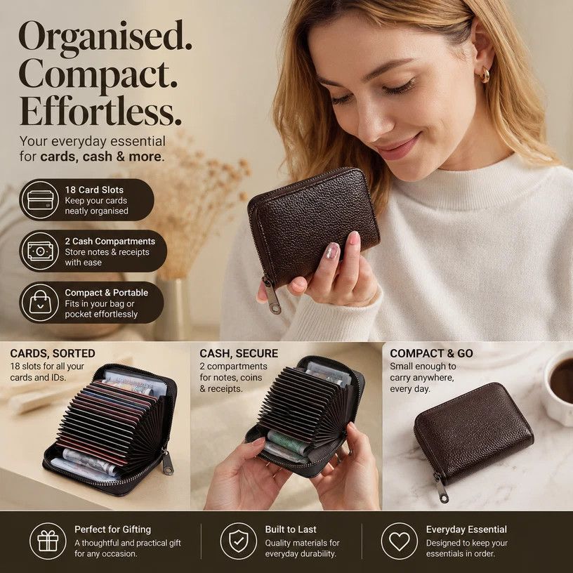 Roomy Accordion Style Card Organiser, Functional Slim Sleeve For Driving Licence Small Change, Practical Gift For Him Her, Brown Litchi Grain, 18 Card Slots & 2 Coin Pockets