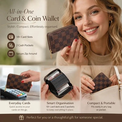 Big Storage Grid Print Card Purse, All-Round Daily Wallet For Documents Cards Coins, Nice Festival Gift, Brown Grid, 18 Card Slots & 2 Coin Pockets