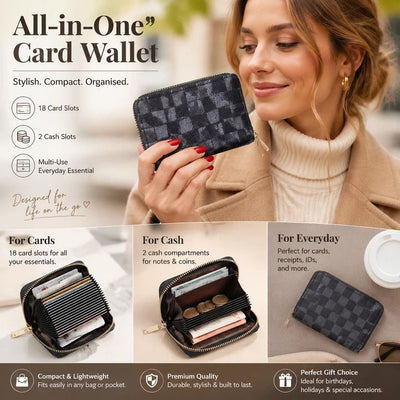 Ample Slots Grid Pattern Card Case, Portable Unisex Licence & Coin Pocket Wallet, Suitable Gift For Everyday Carry, Grey Grid, 18 Card Slots & 2 Coin Pockets