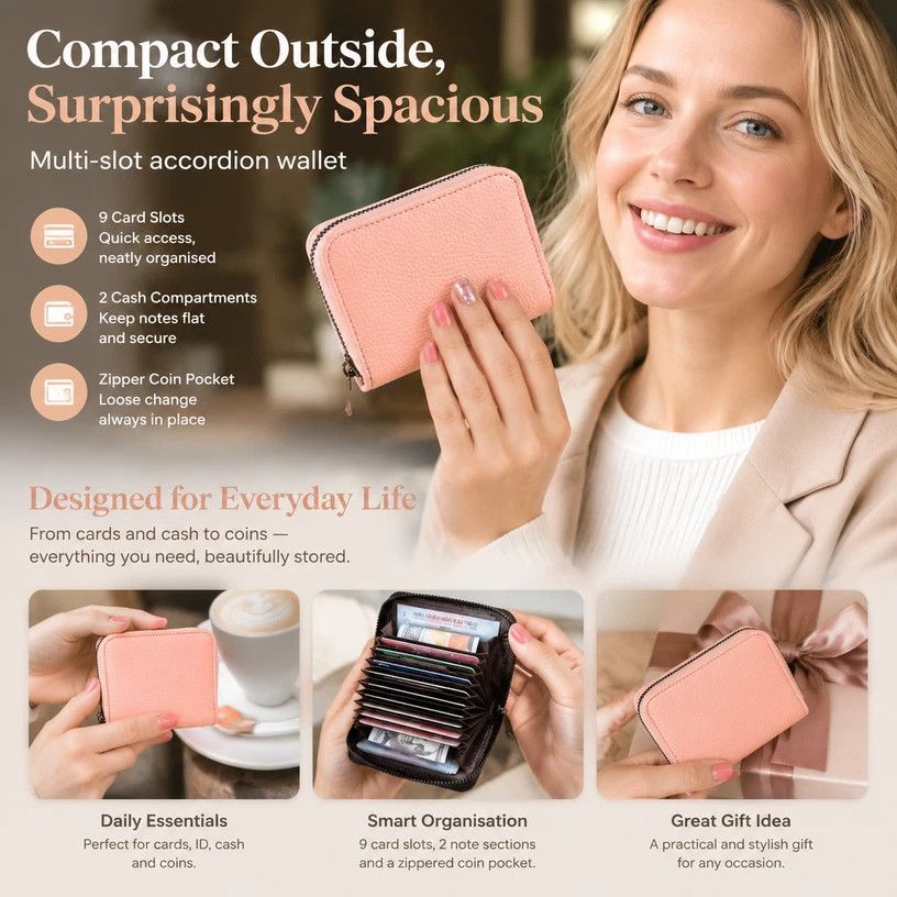 Convenient Compact Accordion Wallet, Casual Daily Sleeve For Driver Licence Small Coins, Sweet Practical Present, Pink Litchi Grain, 9 Card Slots & 2 Coin Pockets