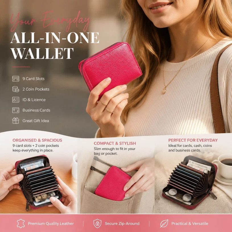 Portable Multi-Purpose Card Organiser, Small Pocket Purse For Documents Cards Change, Handy Gift For Men Women, Rose Red Litchi Grain, 9 Card Slots & 2 Coin Pockets