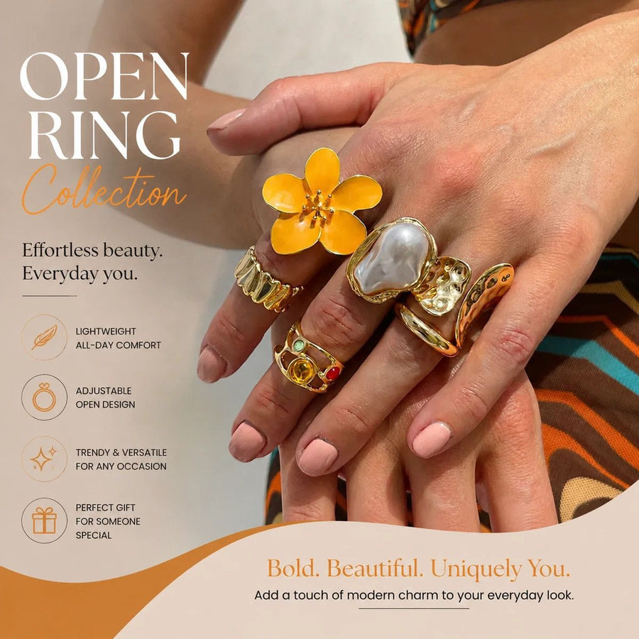 Artistic Liquid Lava Floral Ring Stack, Baroque Faux Pearl Gemstone Inlaid Finger Jewellery, Light Gold & Yellow Floral, 6 Pack