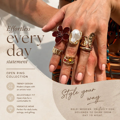 Unique Molten Textured Flower Ring Set, Vintage Imitation Pearl Crystal Stackable Bands, Light Gold & Deep Red Floral, 6 Pack