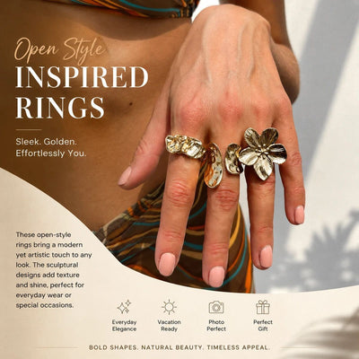 Chic Mini Sculptural Floral Open Ring Pack, Plain Metal Textured Flower Stacking Jewellery, Light Gold, 3 Pack