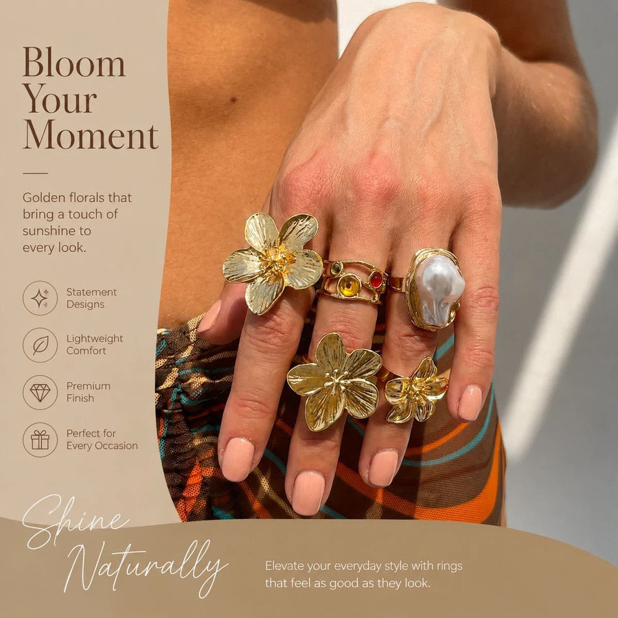 Trendy Multi-Size Lava Floral Ring Set, Retro Baroque Pearl Inlaid Stackable Finger Bands, Light Gold, 5 Pack