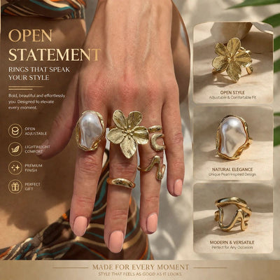 Eye-Catching Layered Floral Lava Ring Stack, Elegant Baroque Pearl Rhinestone Finger Ornaments, Light Gold, 5 Pack
